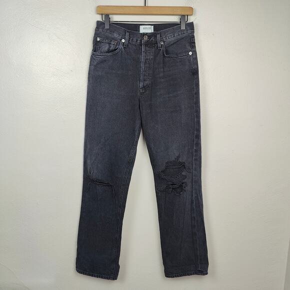 Agolde Lana Jean Womens 27 Straight Leg Black‎ Knee Rip Button Fly High Waist - Picture 1 of 9